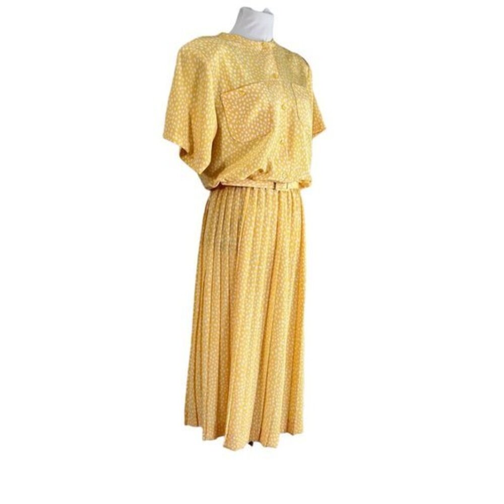 Vintage 1980s Liz Roberts Yellow Polka Dot Pleated Secretary Dress 10